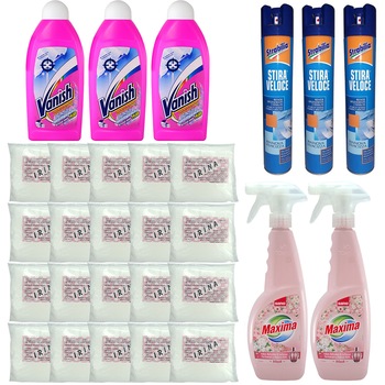 Pachet - 20 x Apret praf, 150g + 3 x Vanish Solutie albit si apretat perdelele, 500ml + 3 x Apret spray lichid, 400ml + 2 x SanoMaxima Musk Balsam de rufe, 750ml Pachet - 20 x Apret praf, 150g + 3 x Vanish Solutie albit si apretat perdelele, 500ml + 3 x Apret spray lichid, 400ml + 2 x SanoMaxima Musk Balsam de rufe, 750ml