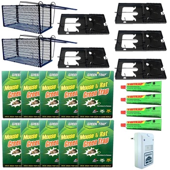 Pachet - 10 x Capcana cu lipici pe carton pentru rozatoare + 2 x Cursa mare pentru sobolani + 5 x Cursa pentru soareci + 4 x Lipici pentru rozatoare, 100ml + Pest Repeller aparat cu ultrasunete anti rozatoare Pachet - 10 x Capcana cu lipici pe carton pentru rozatoare + 2 x Cursa mare pentru sobolani + 5 x Cursa pentru soareci + 4 x Lipici pentru rozatoare, 100ml + Pest Repeller aparat cu ultrasunete anti rozatoare