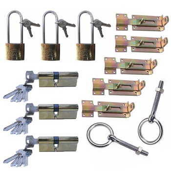 Pachet - 3 x Butuc usa, Excentric, Cu 5 chei amprenta, 90mm + 2 x Belciug cu surub si piulita + 3 x Lacat dubla inchidere, 50 mm + 5 x Zavor plat, 14cm Pachet - 3 x Butuc usa, Excentric, Cu 5 chei amprenta, 90mm + 2 x Belciug cu surub si piulita + 3 x Lacat dubla inchidere, 50 mm + 5 x Zavor plat, 14cm