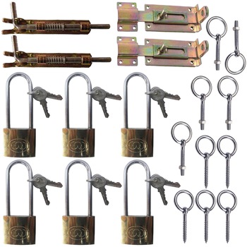 Pachet - 6 x Lacat auriu tija lunga, 38mm + 2 x Zavor plat, 14cm + 2 x Zavor din fier cu arc, 14cmx16.5cmx3cm + 5 x Belciug cu holsurub + 5 x Belciug cu surub si piulita Pachet - 6 x Lacat auriu tija lunga, 38mm + 2 x Zavor plat, 14cm + 2 x Zavor din fier cu arc, 14cmx16.5cmx3cm + 5 x Belciug cu holsurub + 5 x Belciug cu surub si piulita