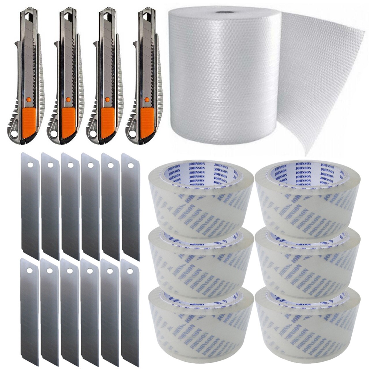 Pachet - 12 x Set Lame cutter, 10buc/set + 4 x Cutter metalic + 6 x Scotch lat transparent + Folie cu bule pentru ambalat, 20 mp