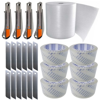 Pachet - 12 x Set Lame cutter, 10buc/set + 4 x Cutter metalic + 6 x Scotch lat transparent + Folie cu bule pentru ambalat, 20 mp Pachet - 12 x Set Lame cutter, 10buc/set + 4 x Cutter metalic + 6 x Scotch lat transparent + Folie cu bule pentru ambalat, 20 mp