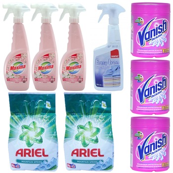 Pachet - 2 x Ariel Mountain Spring, Detergent automat, 2kg + 3 x Balsam cu pulverizator, Sano Maxima, Musk, 750ml + 3 x Pudra Vanish, Universala, 450g + Sano apret, 700ml Pachet - 2 x Ariel Mountain Spring, Detergent automat, 2kg + 3 x Balsam cu pulverizator, Sano Maxima, Musk, 750ml + 3 x Pudra Vanish, Universala, 450g + Sano apret, 700ml
