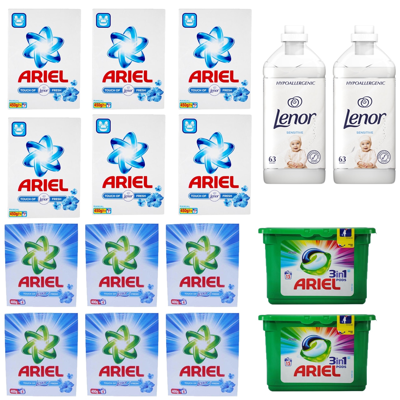 Pachet - 6 x Ariel touch of Lenor fresh, Detergent automat pentru rufe, 400g + 6 x Ariel touch of Lenor fresh, Detergent manual, 450g + 2 x Ariel 3 in 1 Capsule, Color, 309g + 2 x Balsam Lenor Sensitive, Hypoallergenic, 1,9L
