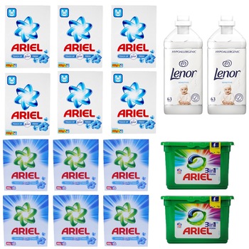 Pachet - 6 x Ariel touch of Lenor fresh, Detergent automat pentru rufe, 400g + 6 x Ariel touch of Lenor fresh, Detergent manual, 450g + 2 x Ariel 3 in 1 Capsule, Color, 309g + 2 x Balsam Lenor Sensitive, Hypoallergenic, 1,9L Pachet - 6 x Ariel touch of Lenor fresh, Detergent automat pentru rufe, 400g + 6 x Ariel touch of Lenor fresh, Detergent manual, 450g + 2 x Ariel 3 in 1 Capsule, Color, 309g + 2 x Balsam Lenor Sensitive, Hypoallergenic, 1,9L