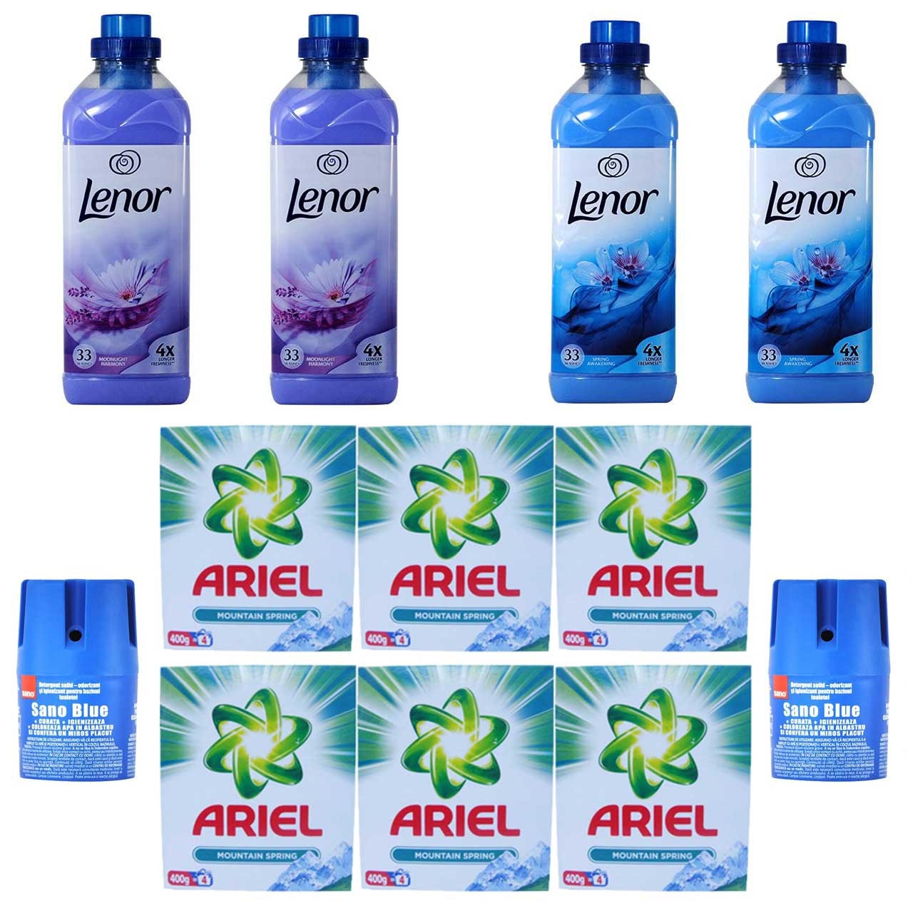 Pachet - 6 x Ariel Mountain spring, Detergent automat, 400g + 2 x Balsam de rufe, Lenor Spring Awakening 1L + Balsam de rufe, Lenor Moonlight Harmony, 1L + 2 x Sano Blue, Odorizant WC solid si igienizant pentru bazinul toaletei 150g
