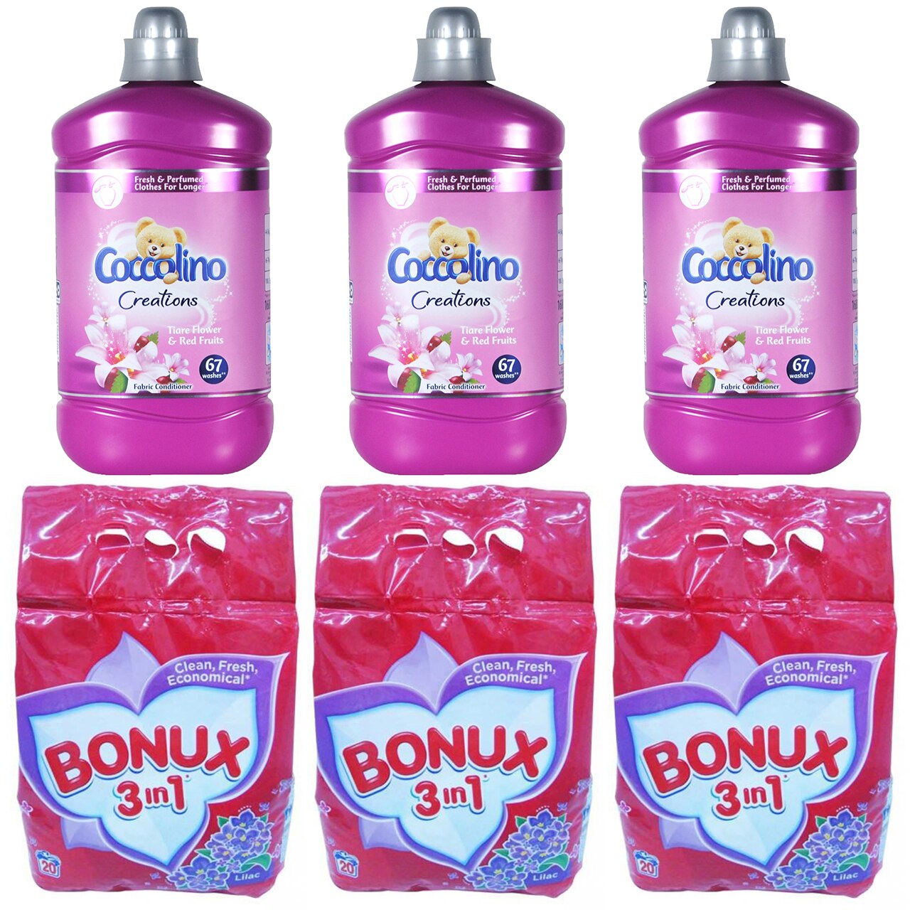 Pachet - 3 x Bonux automat, Detergent pentru rufe la punga, 2Kg + 3 x Balsam de rufe, Coccolino Creations, Flori Tiare si Fructe Rosii, 1680ml