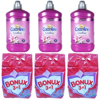 Pachet - 3 x Bonux automat, Detergent pentru rufe la punga, 2Kg + 3 x Balsam de rufe, Coccolino Creations, Flori Tiare si Fructe Rosii, 1680ml Pachet - 3 x Bonux automat, Detergent pentru rufe la punga, 2Kg + 3 x Balsam de rufe, Coccolino Creations, Flori Tiare si Fructe Rosii, 1680ml