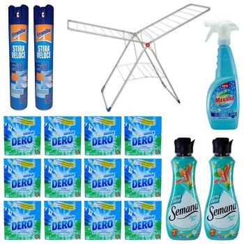 Pachet - 12 x Dero 2 in 1, Automat, Proaspat ca la munte, Detergent la cutie, 3 spalari, 300g + 2 x Balsam de rufe, Semana, Aqua Joy, 40 spalari, 1L + 2 x Apret spray, 400ml + Balsam spray, Sano Maxima, Ultra Fresh, 750ml + Uscator de rufe, Zilan Pachet - 12 x Dero 2 in 1, Automat, Proaspat ca la munte, Detergent la cutie, 3 spalari, 300g + 2 x Balsam de rufe, Semana, Aqua Joy, 40 spalari, 1L + 2 x Apret spray, 400ml + Balsam spray, Sano Maxima, Ultra Fresh, 750ml + Uscator de rufe, Zilan