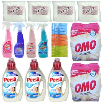 Pachet - 3 x Detergent lichid, Persil, 1L + 2 x Detergent de rufe, OMO, 2Kg + 4 x Apret praf, 150g + Set 24 Carlige rufe + 4 x Balsam de rufe, Sano Maxima, 750ml (Musk, Sensitive, Ultra Fresh si Lavanda) Pachet - 3 x Detergent lichid, Persil, 1L + 2 x Detergent de rufe, OMO, 2Kg + 4 x Apret praf, 150g + Set 24 Carlige rufe + 4 x Balsam de rufe, Sano Maxima, 750ml (Musk, Sensitive, Ultra Fresh si Lavanda)