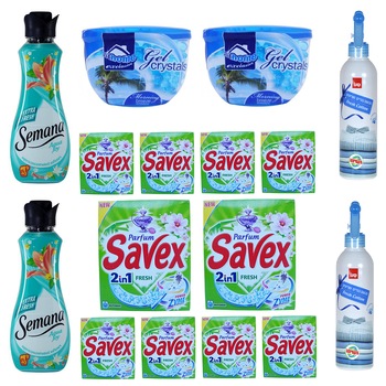Pachet - 10 x Savex Fresh Automat 2in1, Detergent de rufe, 300g + 2 x Semana Aqua Joy, 1L + 2 x Odorizant gel Morning Breeze 150g + 2 x Balsam spray, Sano Maxima, 350ml Pachet - 10 x Savex Fresh Automat 2in1, Detergent de rufe, 300g + 2 x Semana Aqua Joy, 1L + 2 x Odorizant gel Morning Breeze 150g + 2 x Balsam spray, Sano Maxima, 350ml