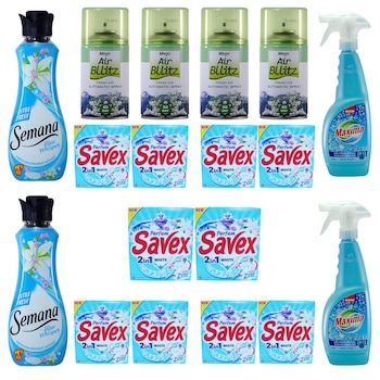 Pachet - 10 x Savex White Automat, Detergent pentru rufe, 300g + 2 x Sano Maxima Ultra Fresh, 750ml + 2 x Semana balsam rufe, Extra Fresh, 40 spalari, 1L + 4 x Odorizant camera Air Bllitz, 220ml Pachet - 10 x Savex White Automat, Detergent pentru rufe, 300g + 2 x Sano Maxima Ultra Fresh, 750ml + 2 x Semana balsam rufe, Extra Fresh, 40 spalari, 1L + 4 x Odorizant camera Air Bllitz, 220ml