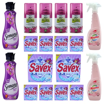 Pachet - 10 x Savex automat 2in1 Color, 300g + 2 x Sano Maxima Musk, 750ml + 2 x Semana balsam rufe, Violet Kiss, 40 spalari, 1L + 4 x Odorizant camera, Mega Air Bllitz, Passion Love, 260ml Pachet - 10 x Savex automat 2in1 Color, 300g + 2 x Sano Maxima Musk, 750ml + 2 x Semana balsam rufe, Violet Kiss, 40 spalari, 1L + 4 x Odorizant camera, Mega Air Bllitz, Passion Love, 260ml