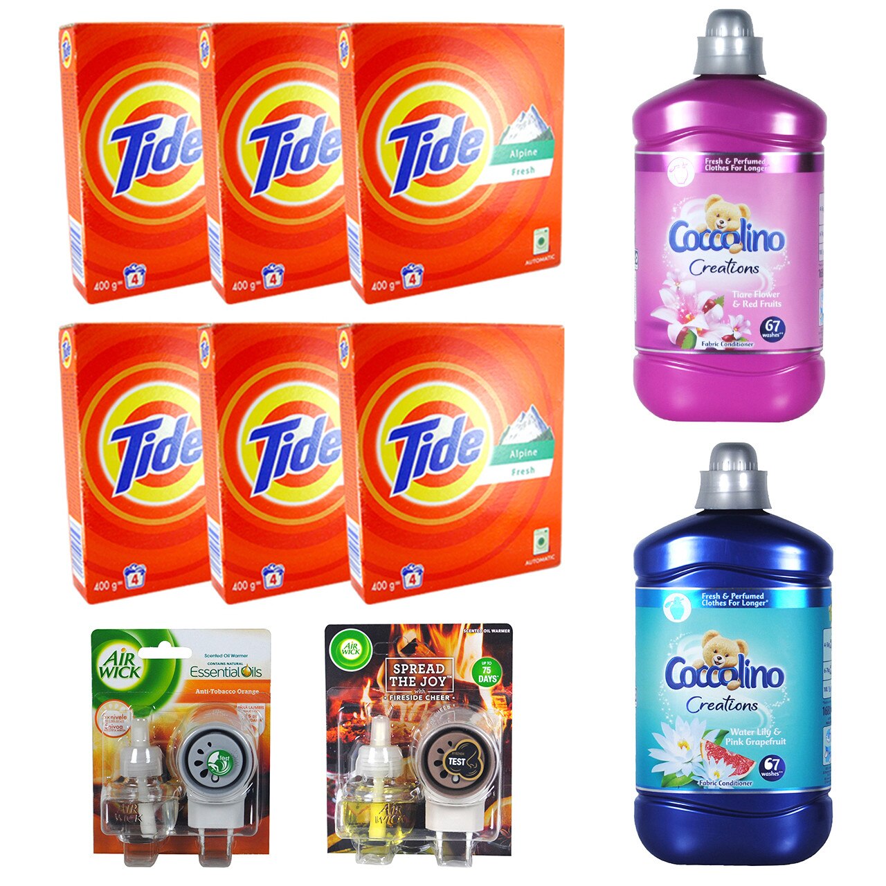 Pachet - 6 x Tide automat, Detergent pentru rufe la cutie, 400g + Coccolino, Flori tiare si Fructe rosii, 1680ml + Coccolino, Nufar si Grapefruit rosu, 1680ml + Air Wick fireside cheer, 19ml + Air Wick anti-tabaco, 19ml