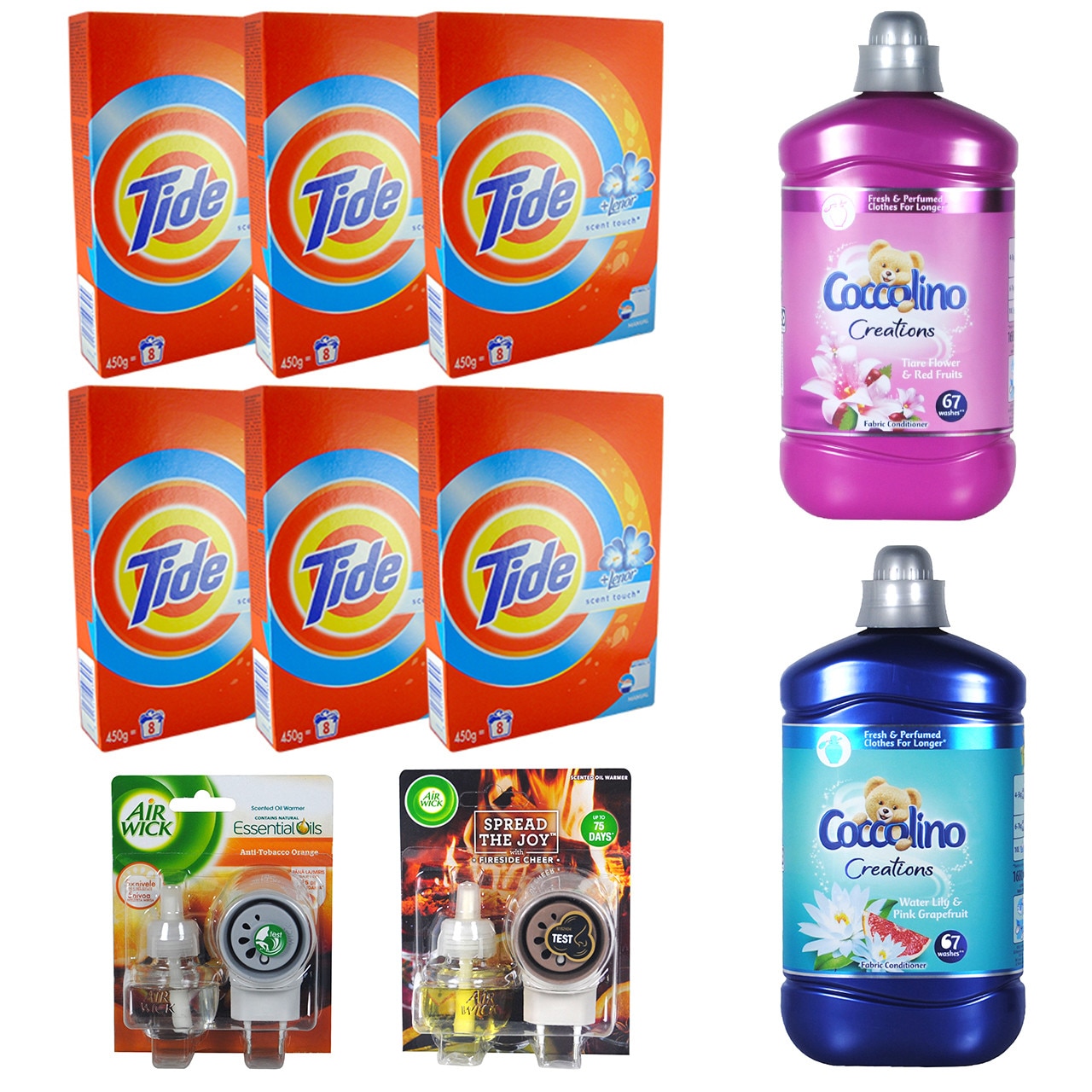 Pachet - 6 x Tide manual, 2in1 Lenor Touch, 450g + Coccolino, Flori tiare si Fructe rosii, 1680ml + Coccolino, Nufar si Grapefruit rosu, 1680ml + Air Wick fireside cheer, 19ml + Air Wick anti-tabaco, 19ml