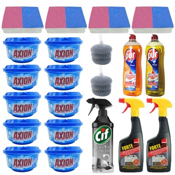Pachet - 10 x Axion Ultra Degresant Detergent pasta, 225g + 2 x Sano Forte aragaz, 500ml + Cif inox, 435ml + 2 x Pur detergent lichid de vase, 900ml (1xLamaie, 1xPortocala si grapefruit) + 4 x Set bureti vase, 2buc/set + 2 x Set Bureti sarma, 3buc/set Pachet - 10 x Axion Ultra Degresant Detergent pasta, 225g + 2 x Sano Forte aragaz, 500ml + Cif inox, 435ml + 2 x Pur detergent lichid de vase, 900ml (1xLamaie, 1xPortocala si grapefruit) + 4 x Set bureti vase, 2buc/set + 2 x Set Bureti sarma, 3buc/set
