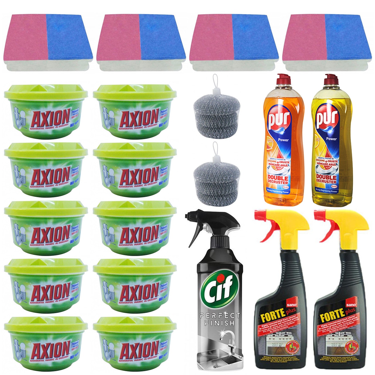 Pachet - 10 x Axion Mar Verde Detergent pasta, 225g + 2 x Sano Forte aragaz, 500ml + Cif inox, 435ml + 2 x Pur detergent lichid de vase, 900ml (1xLamaie, 1xPortocala si grapefruit) + 4 x Set bureti de vase, 2buc/set + 2 x Set Bureti de sarma, 3buc/set