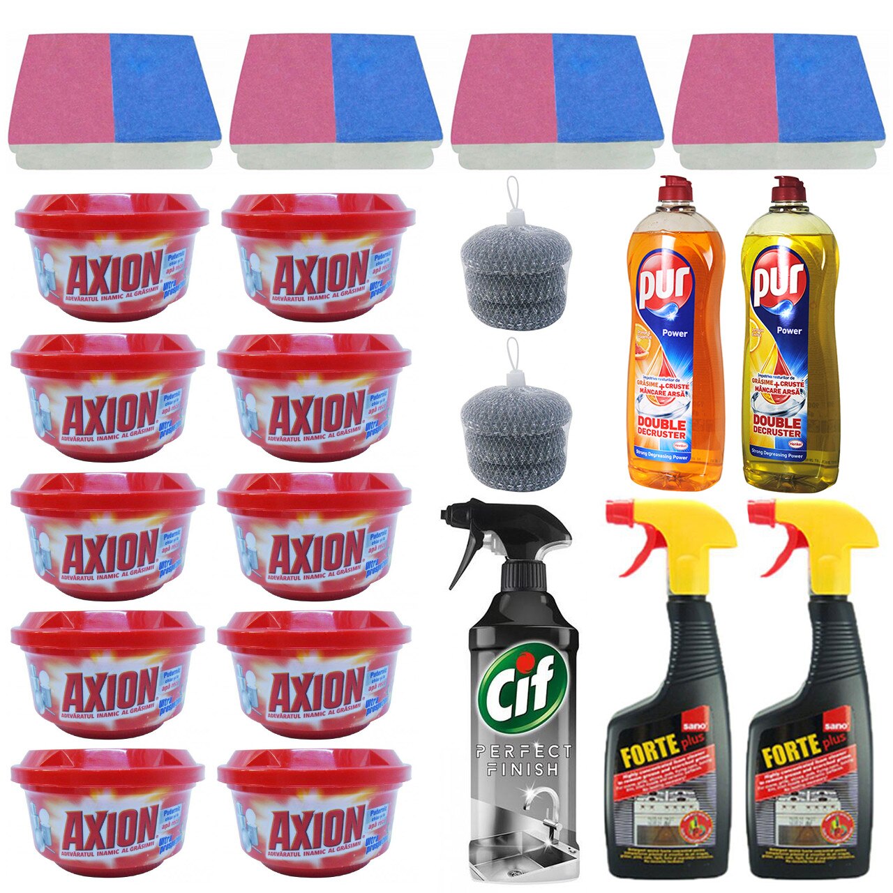 Pachet - 10 x Axion, Ultra Prospetime Detergent pasta, 225g + 2 x Sano Forte aragaz, 500ml + Cif inox, 435ml + 2 x Pur detergent lichid de vase, 750ml (1xLamaie, 1xPortocala si grapefruit) + 4 x Set bureti vase, 2buc/set + 2 x Set Bureti sarma, 3buc/set