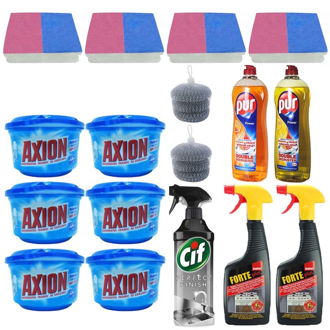 Pachet - 6 x Axion Ultra Degresant Detergent pasta, 400g + 2 x Sano Forte aragaz, 500ml + Cif inox, 435ml + 2 x Pur detergent lichid vase, 750ml (1xLamaie, 1xPortocala si grapefruit) + 4 x Set bureti vase, 2buc/set + 2 x Set Bureti sarma, 3buc/set