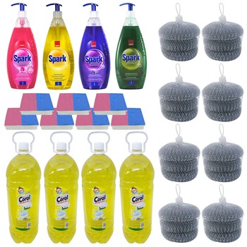 Pachet - 4 x Marine Coral Lamaie detergent de vase, 3L + 4 x Sano Spark Detergent lichid de vase, 1L (4 modele diferite) + 7 x Set 2 bureti de vase + 8 x Set 3 bureti de sarma Pachet - 4 x Marine Coral Lamaie detergent de vase, 3L + 4 x Sano Spark Detergent lichid de vase, 1L (4 modele diferite) + 7 x Set 2 bureti de vase + 8 x Set 3 bureti de sarma