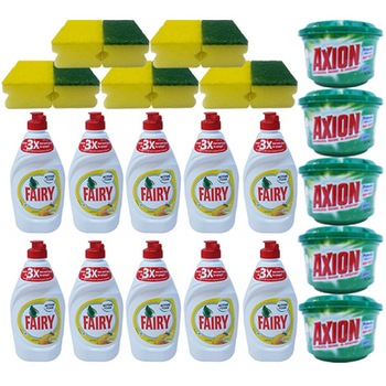 Pachet - 10 x Fairy Sensitive, Detergent lichid, Pentru vase, Lemon, 400 ml + 5 x Axion Lemon, 400 g + 5 x Bureti de vase, 2/Set Pachet - 10 x Fairy Sensitive, Detergent lichid, Pentru vase, Lemon, 400 ml + 5 x Axion Lemon, 400 g + 5 x Bureti de vase, 2/Set