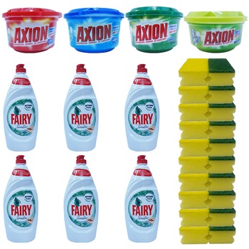 Pachet - 6 x Fairy Sensitive Menta Detergent de vase, 800 ml + Axion ultra prospetime, 400 g + Axion ultra degresant, 400 g + Axion Lemon, 400 g + Axion mar verde, 225g + 10 x Bureti de vase, 2/Set Pachet - 6 x Fairy Sensitive Menta Detergent de vase, 800 ml + Axion ultra prospetime, 400 g + Axion ultra degresant, 400 g + Axion Lemon, 400 g + Axion mar verde, 225g + 10 x Bureti de vase, 2/Set