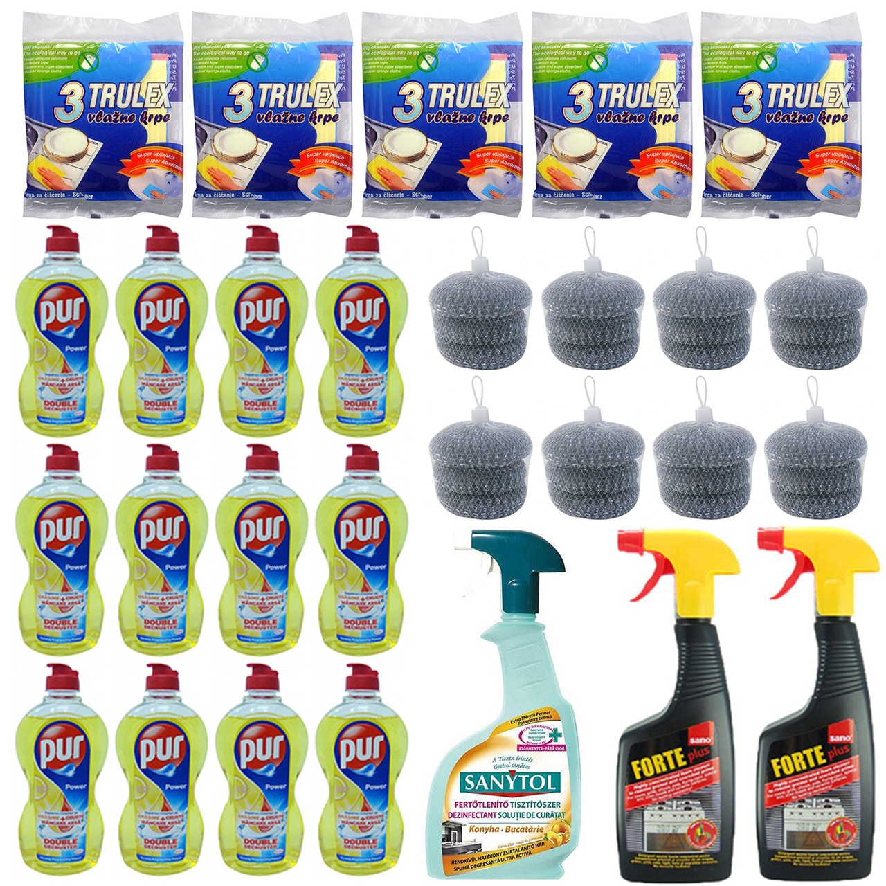 Pachet - 12 x Pur Lamaie Detergent lichid de vase, 450ml + 8 x Set Bureti de sarma, 3buc/set + 5 x Set Lavete umede, 3buc/set + 2 x Sano Forte importiva grasimilor, 500ml + Sanytol dezinfectant pentru bucatarie, 500ml