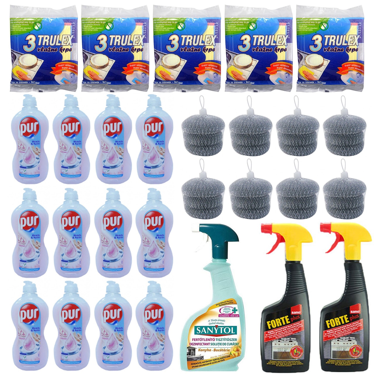 Pachet - 12 x Pur Detergent lichid de vase cu Calciu, 450ml + 8 x Set Bureti de sarma, 3buc/set + 5 x Set Lavete umede, 3buc/set + 2 x Sano Forte Plus importiva grasimilor, 500ml + Sanytol dezinfectant pentru bucatarie, 500ml