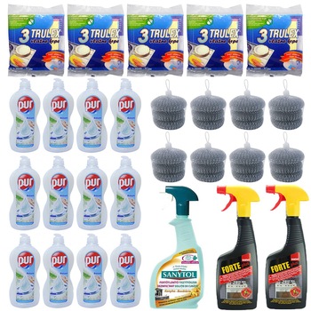 Pachet - 12 x Pur Aloe Vera Detergent vase, 450ml + 8 x Set Bureti de sarma, 3buc/set + 5 x Set Lavete umede, 3buc/set + 2 x Sano Forte importiva grasimilor, 500ml + Sanytol dezinfectant pentru bucatarie, 500ml Pachet - 12 x Pur Aloe Vera Detergent vase, 450ml + 8 x Set Bureti de sarma, 3buc/set + 5 x Set Lavete umede, 3buc/set + 2 x Sano Forte importiva grasimilor, 500ml + Sanytol dezinfectant pentru bucatarie, 500ml
