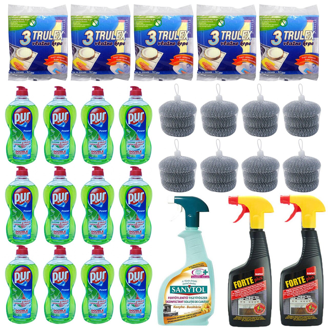 Pachet - 12 x Pur Detergent lichid de vase mar verde, 450ml + 8 x Set Bureti de sarma, 3buc/set + 5 x Set Lavete umede, 3buc/set + 2 x Sano Forte Plus importiva grasimilor, 500ml + Sanytol dezinfectant pentru bucatarie, 500ml