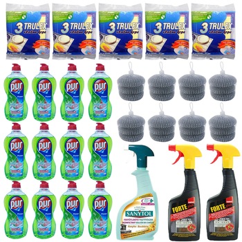 Pachet - 12 x Pur Detergent lichid de vase mar verde, 450ml + 8 x Set Bureti de sarma, 3buc/set + 5 x Set Lavete umede, 3buc/set + 2 x Sano Forte Plus importiva grasimilor, 500ml + Sanytol dezinfectant pentru bucatarie, 500ml Pachet - 12 x Pur Detergent lichid de vase mar verde, 450ml + 8 x Set Bureti de sarma, 3buc/set + 5 x Set Lavete umede, 3buc/set + 2 x Sano Forte Plus importiva grasimilor, 500ml + Sanytol dezinfectant pentru bucatarie, 500ml