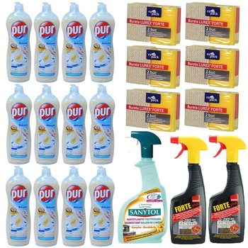 Pachet - 12 x Pur detergent pentru vase cu ulei de argan, 900ml + 2 x Sano Forte solutie aragaz, 500ml + Sanytol dezinfectant bucatarie, 500ml + 6 x Set Bureti de vase, 2buc/set Pachet - 12 x Pur detergent pentru vase cu ulei de argan, 900ml + 2 x Sano Forte solutie aragaz, 500ml + Sanytol dezinfectant bucatarie, 500ml + 6 x Set Bureti de vase, 2buc/set