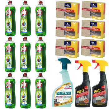 Pachet - 12 x Pur detergent pentru vase, mar verde, 900ml + 2 x Sano Forte Solutie pentru aragaz, 500ml + Sanytol dezinfectant bucatarie, 500ml + 6 x Set bureti de vase, 2buc/set Pachet - 12 x Pur detergent pentru vase, mar verde, 900ml + 2 x Sano Forte Solutie pentru aragaz, 500ml + Sanytol dezinfectant bucatarie, 500ml + 6 x Set bureti de vase, 2buc/set