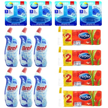 Pachet - 6 x Bref Fresh Mint Solutie gel pentru WC, 700ml + 4 x Perfex Hartie igienica, 3 straturi, 10 role/set + 4 x Sanobon Fresh Scent odorizant WC Pachet - 6 x Bref Fresh Mint Solutie gel pentru WC, 700ml + 4 x Perfex Hartie igienica, 3 straturi, 10 role/set + 4 x Sanobon Fresh Scent odorizant WC