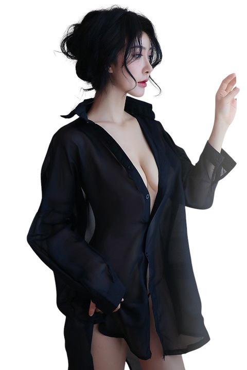 Lenjerie sexy, set 2 piese, camasa senzuala cu spate gol si chilot, model delicat si versatil, tematica romantic mood, marime universala, negru, EFAYN