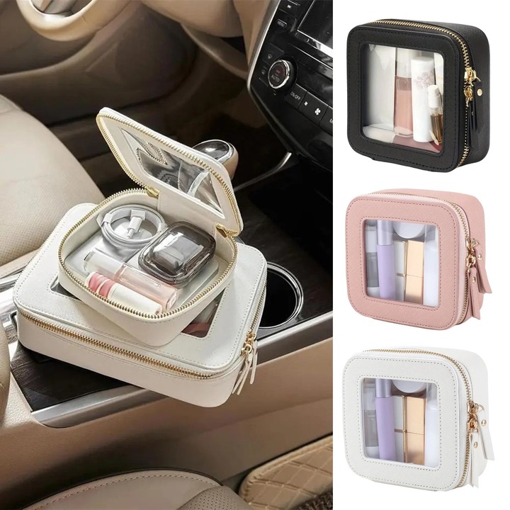 Козметичен несесер водоустойчив с прозрачно прозорче от еко кожа 12.7х12х5см дамски комплект