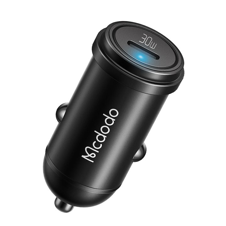 USB-C autós töltő, gyorstöltés 30W PD 3.0 PPS, QC, AFC, FCP, (12-24V), McDodo Mini, fekete, univerzális kompatibilitás (személygépkocsi / teherautó)
