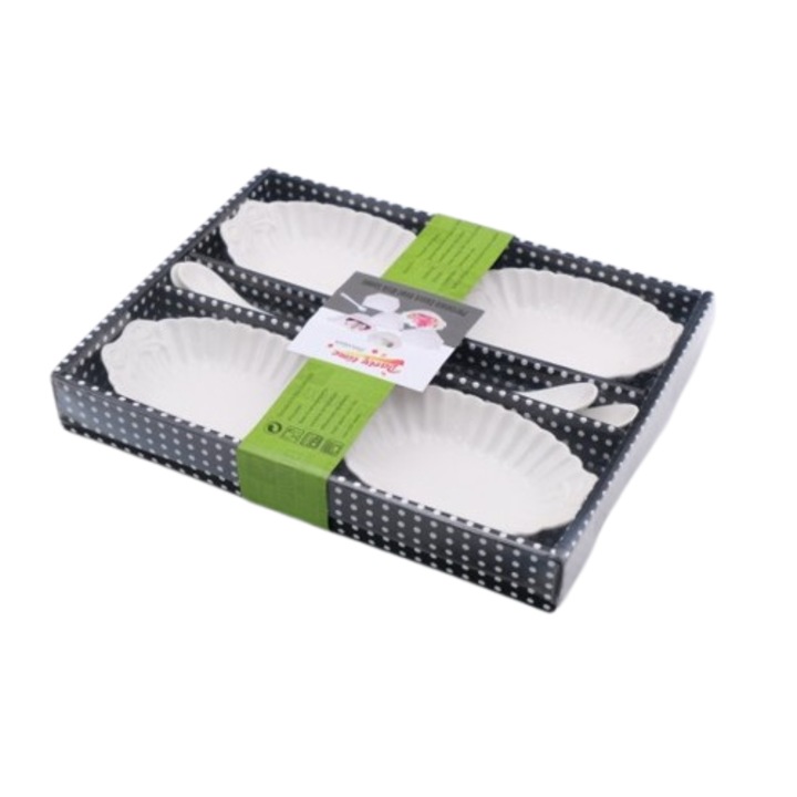 Set 4 sosiere, 13x9x3 cm + 4 Lingurite 12x2 cm, Ceramica