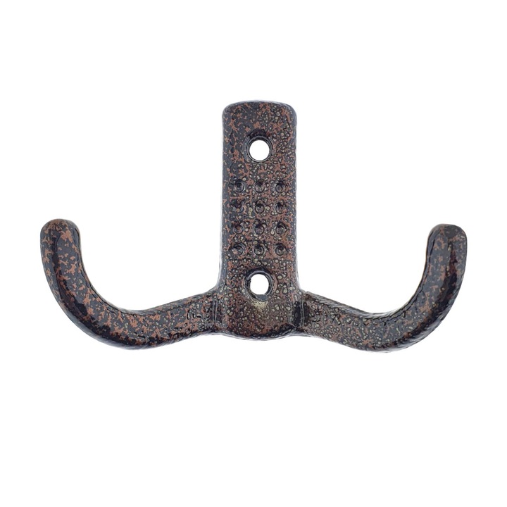 Cuier din metal pentru mobila sau perete, cu 2 agatatori de 2 cm, MOB-65284, 2 orificii de montare, dimensiuni 85 x 57 x 30 mm, maro Maro 85 mm