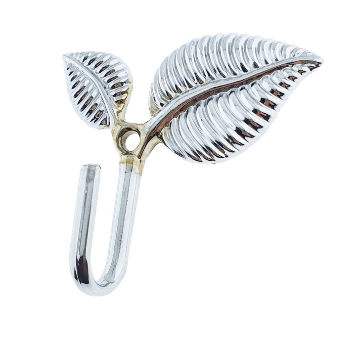 Cuier din metal pentru mobila sau perete cu o agatatoare de 3 cm, MOB-67038, un orificiu de montare, dimensiuni 75 x 67 x 20 mm, design frunze, argintiu Argintiu 75 mm