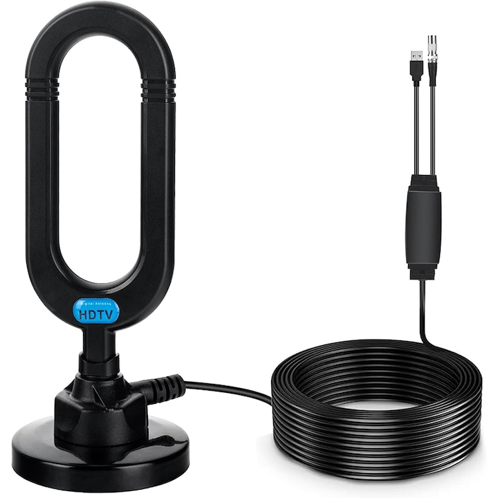 Antena TV, Rqiurpn, 4K, amplificator semnal, baza magnetica, RASK, DVB-T2, Full HD, interior/exterior