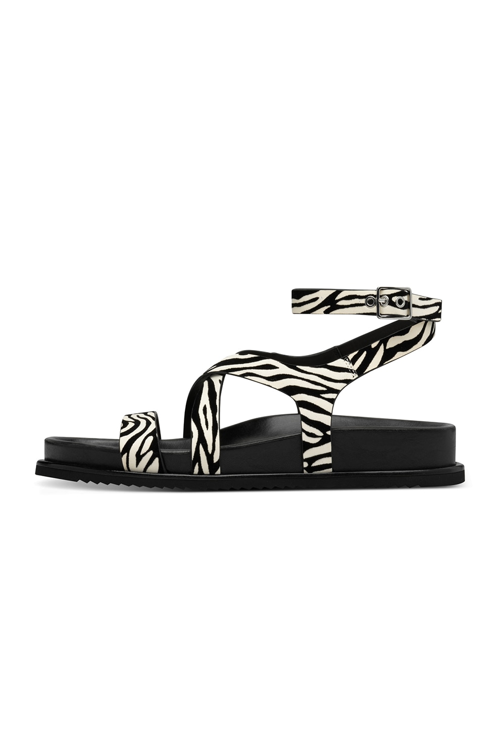 NEWD, Sandale de piele cu catarame, Alb fildes, Negru, 39
