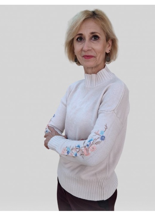 Hímzéssel ellátott pulóver, világos bézs, L