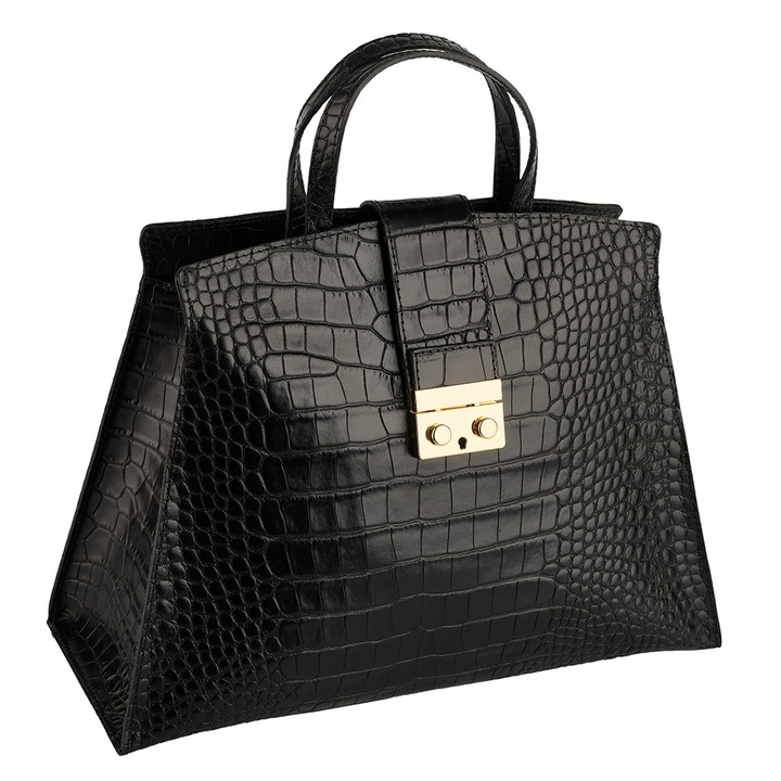 Geanta piele naturala, croco, Negru, 38x28x16 cm