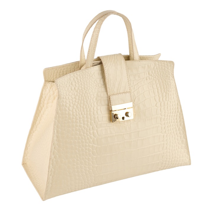Geanta piele naturala, croco, Crem, 38x28x16 cm