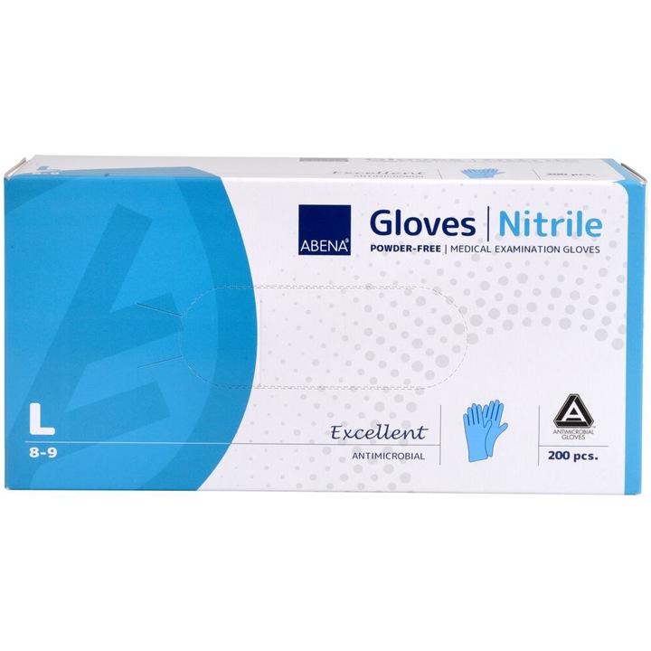 ABENA Excellent, Manusi de examinare, din nitril, cu efect antimicrobian, L, albastre, nepudrate, 200 buc.