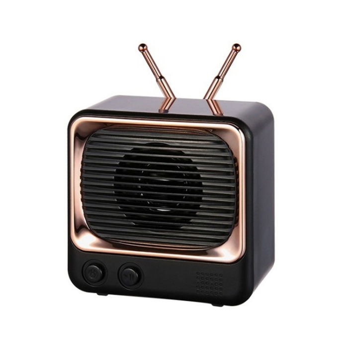 Boxa portabila Bluetooth, design retro, wireless, dimensiuni mici, audio card, forma de televizor, negru