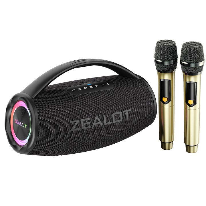Boxa portabila wireless, Zealot S97M, 80W, RGB, Dual Microphones, Waterproof, Bluetooth 5.2, 12h Autonomie, Negru