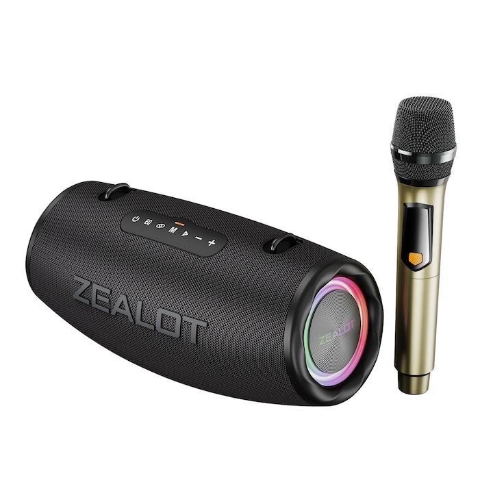 Boxa portabila, Elekom, Karaoke, Bluetooth, Card SD/Stick USB, 2 microfoane wireless, Negru
