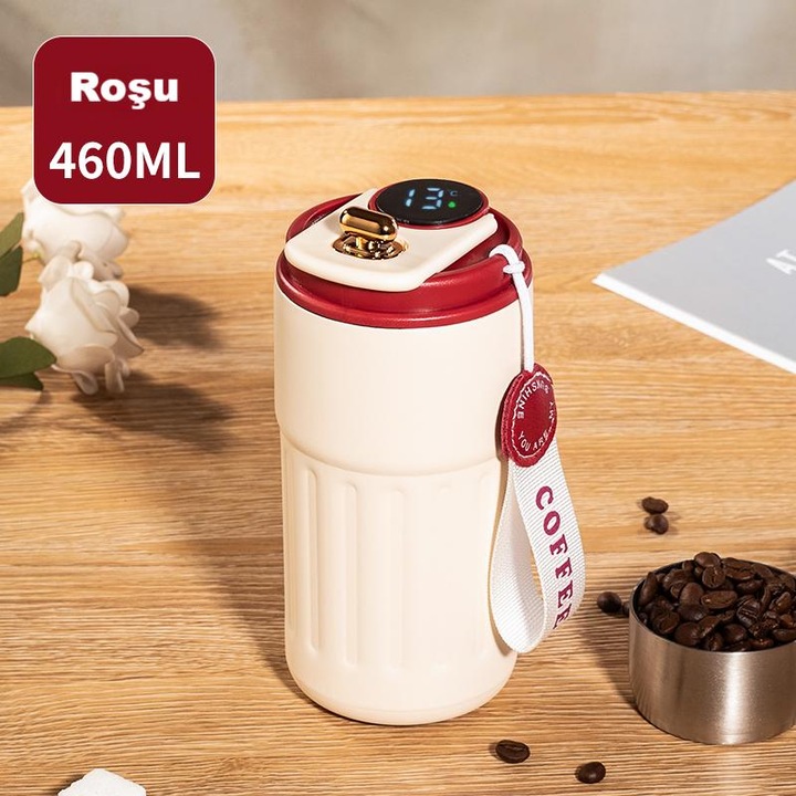 Cana de cafea portabila, afisaj temperatura, design compact, inox, 420ml, rosu